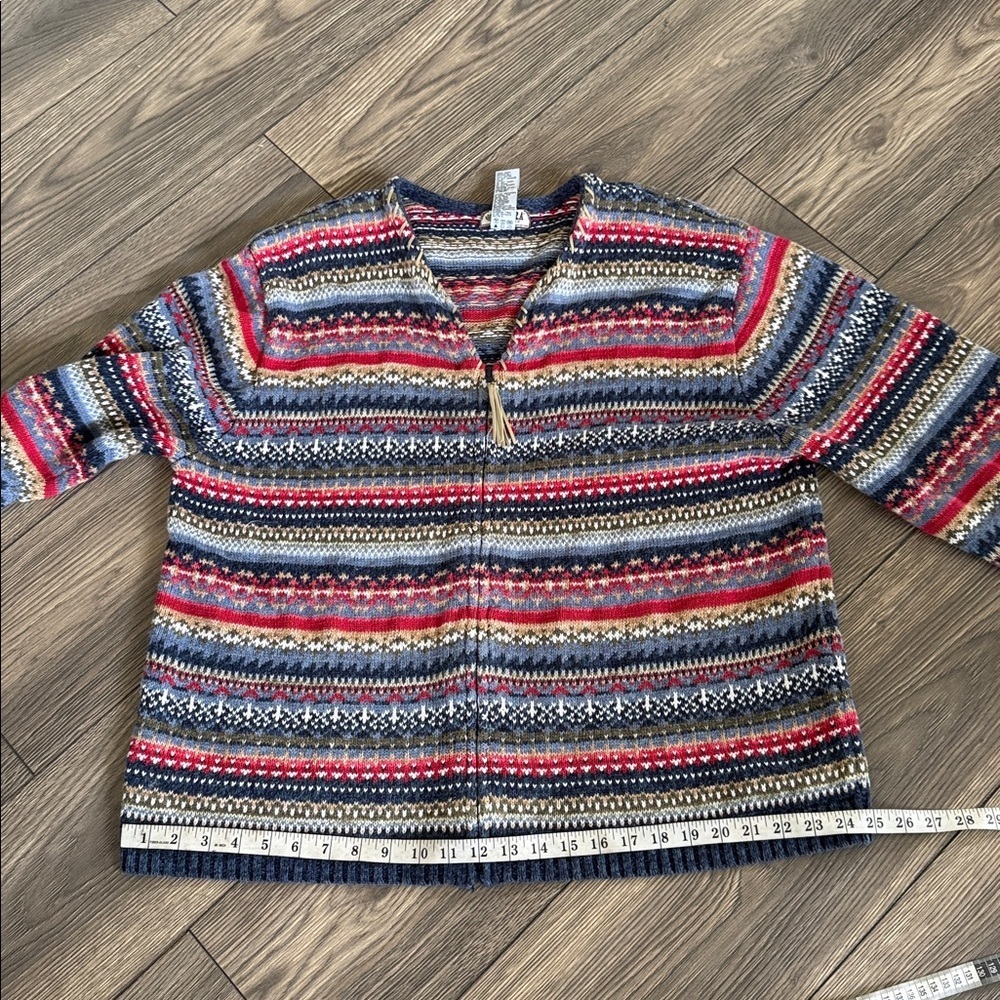 Tiara  vintage hand knit Women Multicolor Knit Sweater with suede leather trim